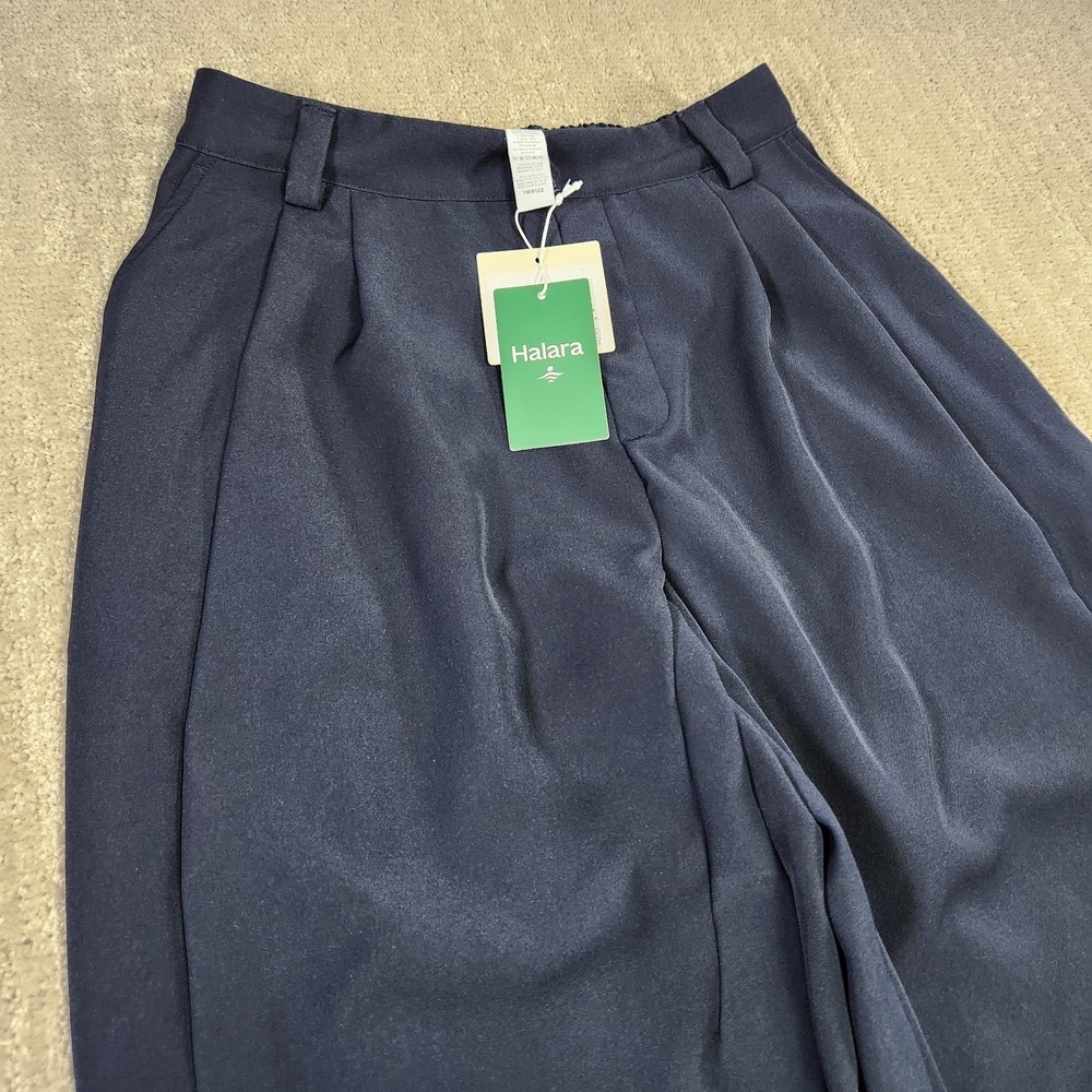 Halara Pants Women Medium High Waisted Barrel Leg Pleated Trouser Navy Blue NEW - Picture 2 of 11
